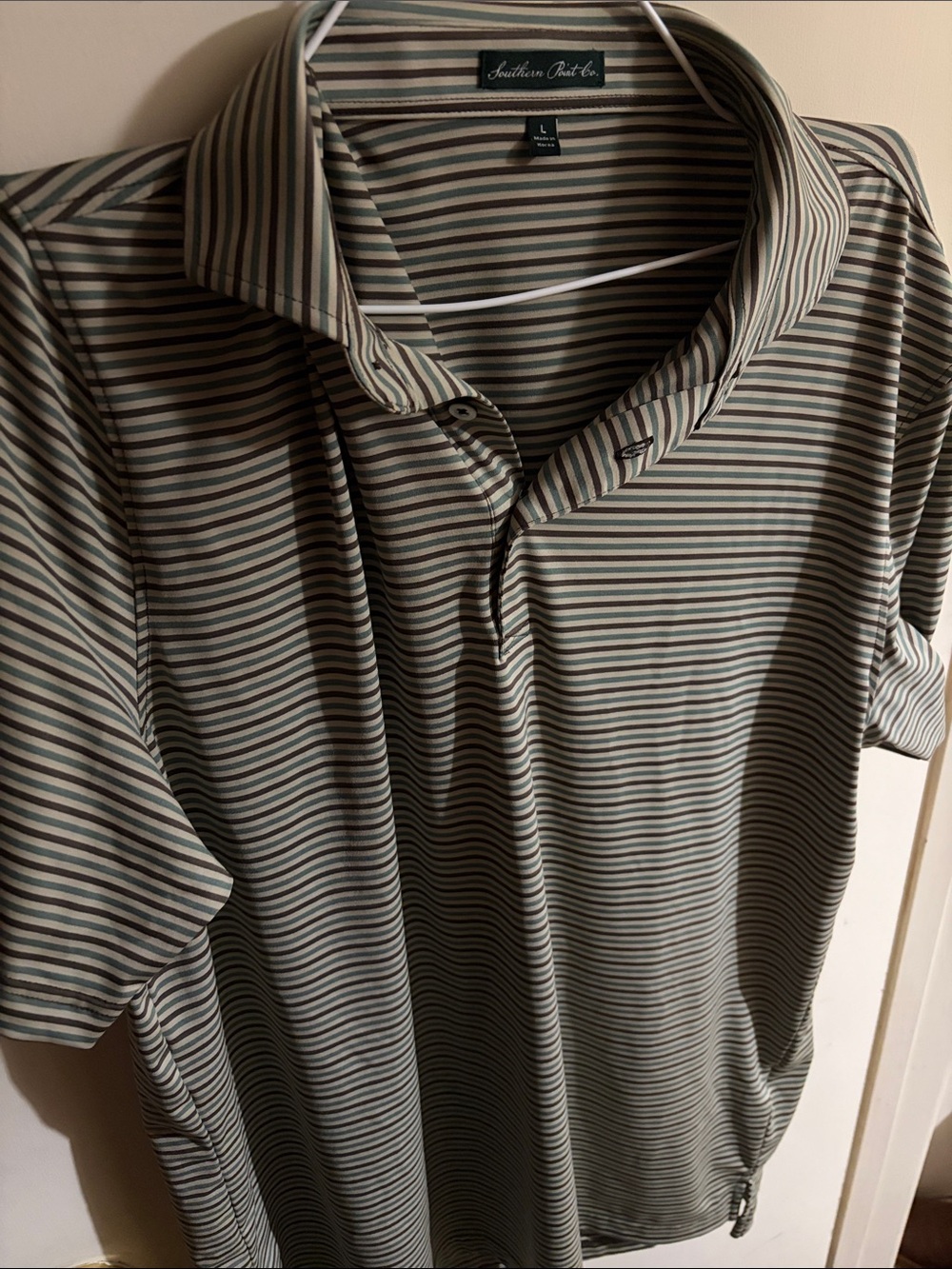 Southern Point Co. Men's Striped Polo in Green & Tan